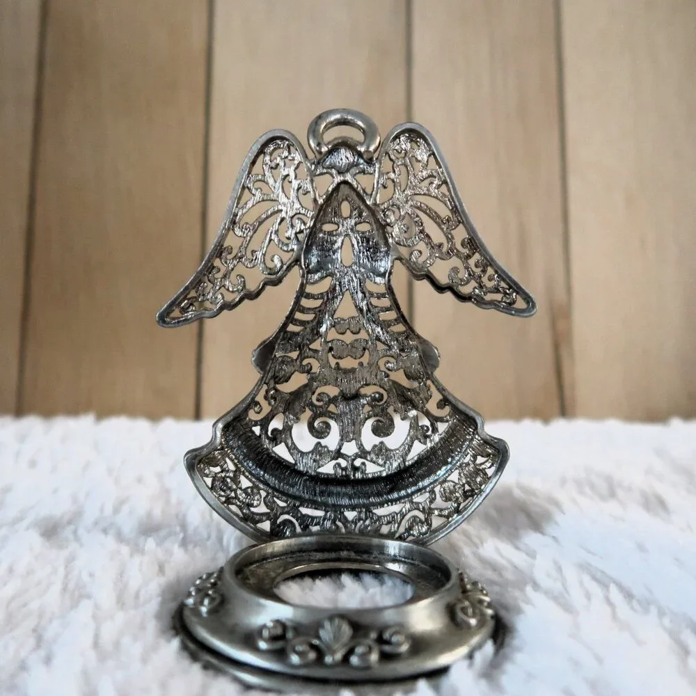 Vintage Silver Tone Metal Angel Tea Light Candle Holder Figurine - Picture 9 of 10